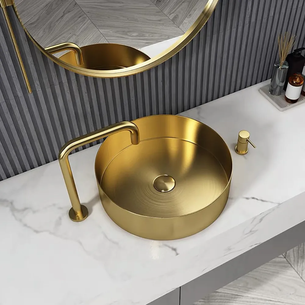 Contemporary Gold Round Stainless Steel Vessel Sink Luxury Wash Sink