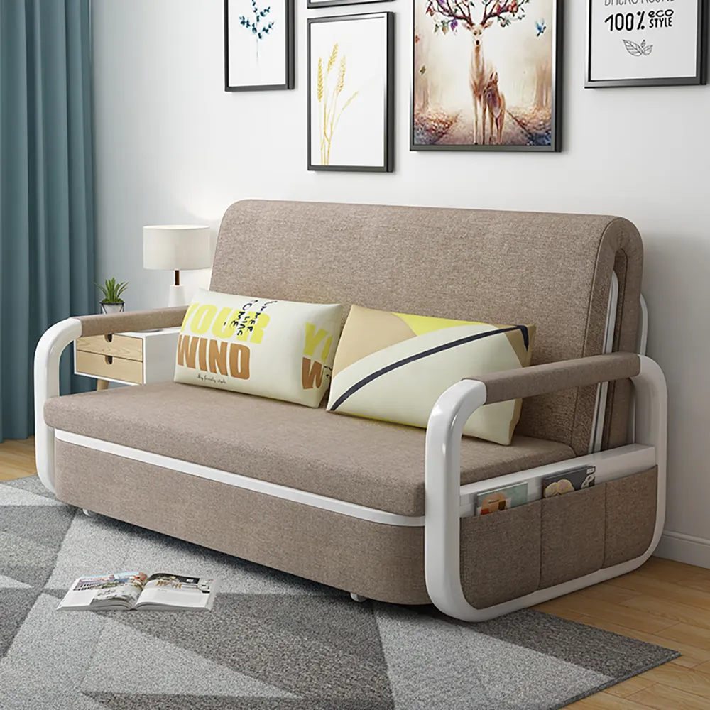 Khaki Sleeper Sofa Bed Loveseat Cotton & Linen Upholstered with Solid Wood Frame