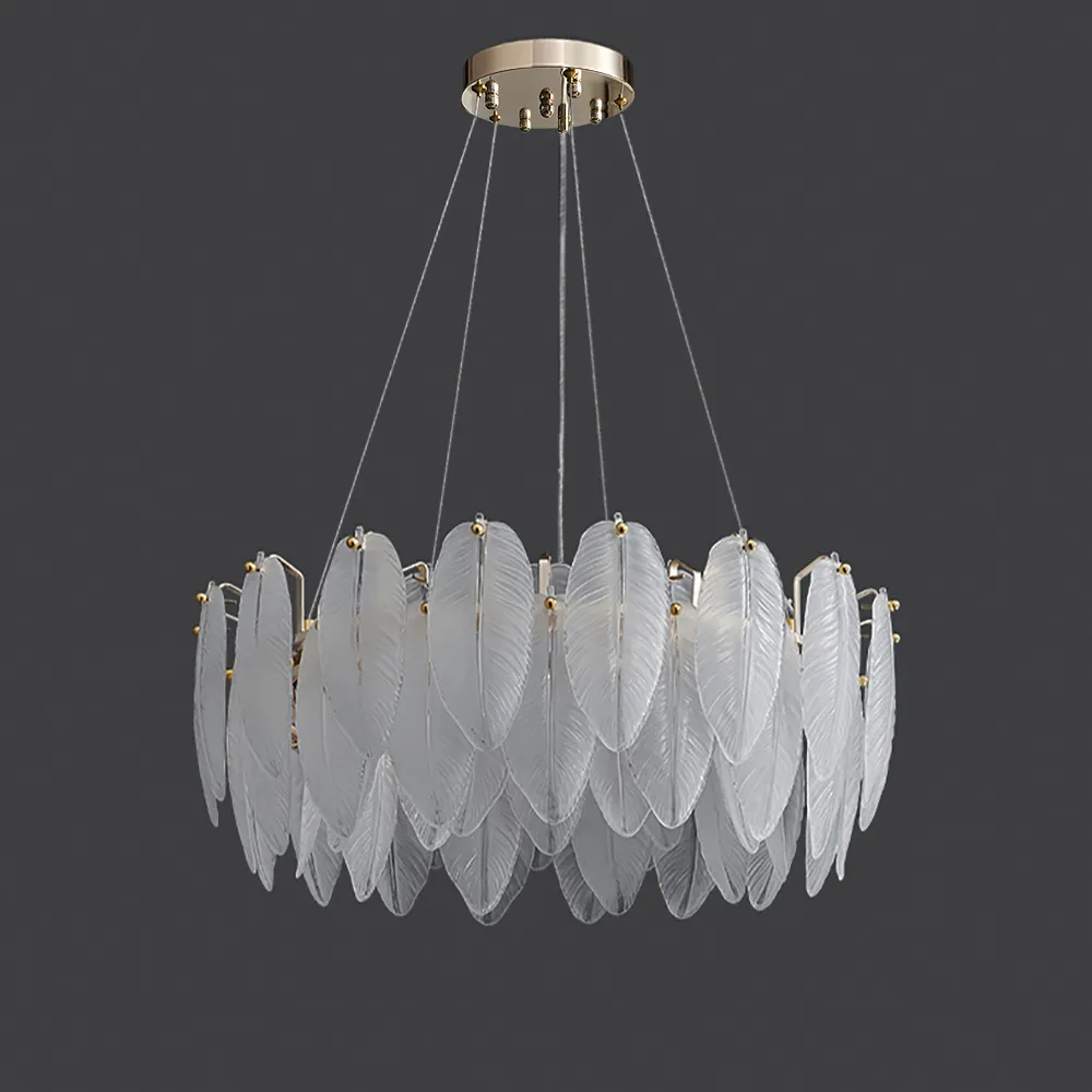 Glassi Modern Round 6-Light Tiered Frosted Feathers Glass Chandelier