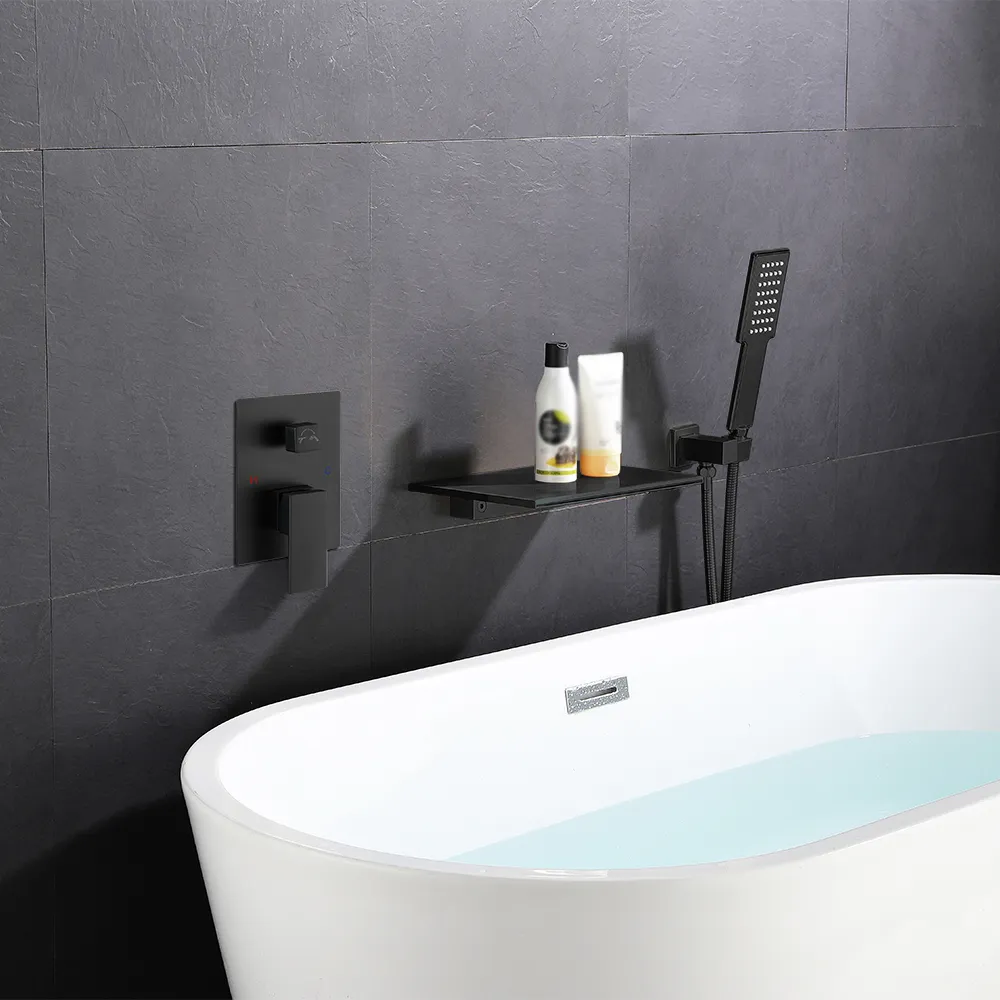 Solid Brass Waterfall Single Handle Wall-Mounted Bathtub Faucet Tub Filler in Black