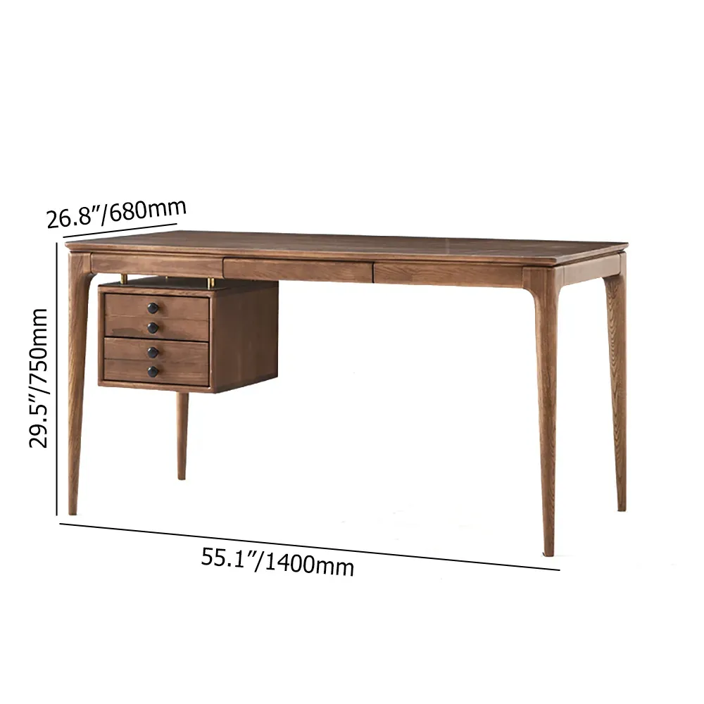  55.1" Mid-century Modern Walnut Ash Wood Writing Desk Home Office Desk with 5 Drawers