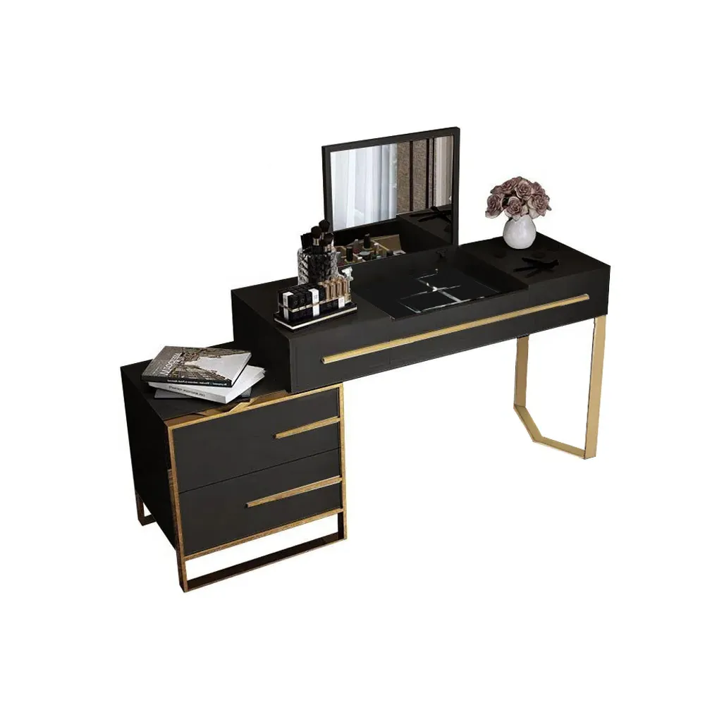 Cylina Black Makeup Vanity with Flip Top Mirror & Side Cabinet and Drawers Golden Legs