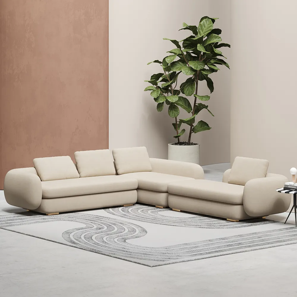 3400mm Beige Modern Velvet Corner Sofa L-Shaped Modular Sectional for 6  Seaters Low Back-Homary