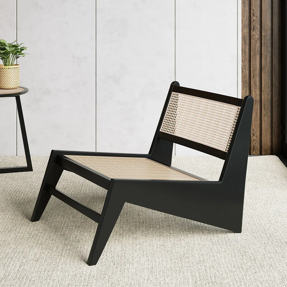 Japandi Black Rattan and Wood Lounge Chair Accent Chair for Living Room