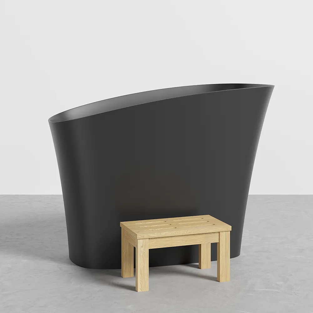 47" Modern Oblique Deep Freestanding Matte Black Stone Resin Japanese Soaking Bathtub