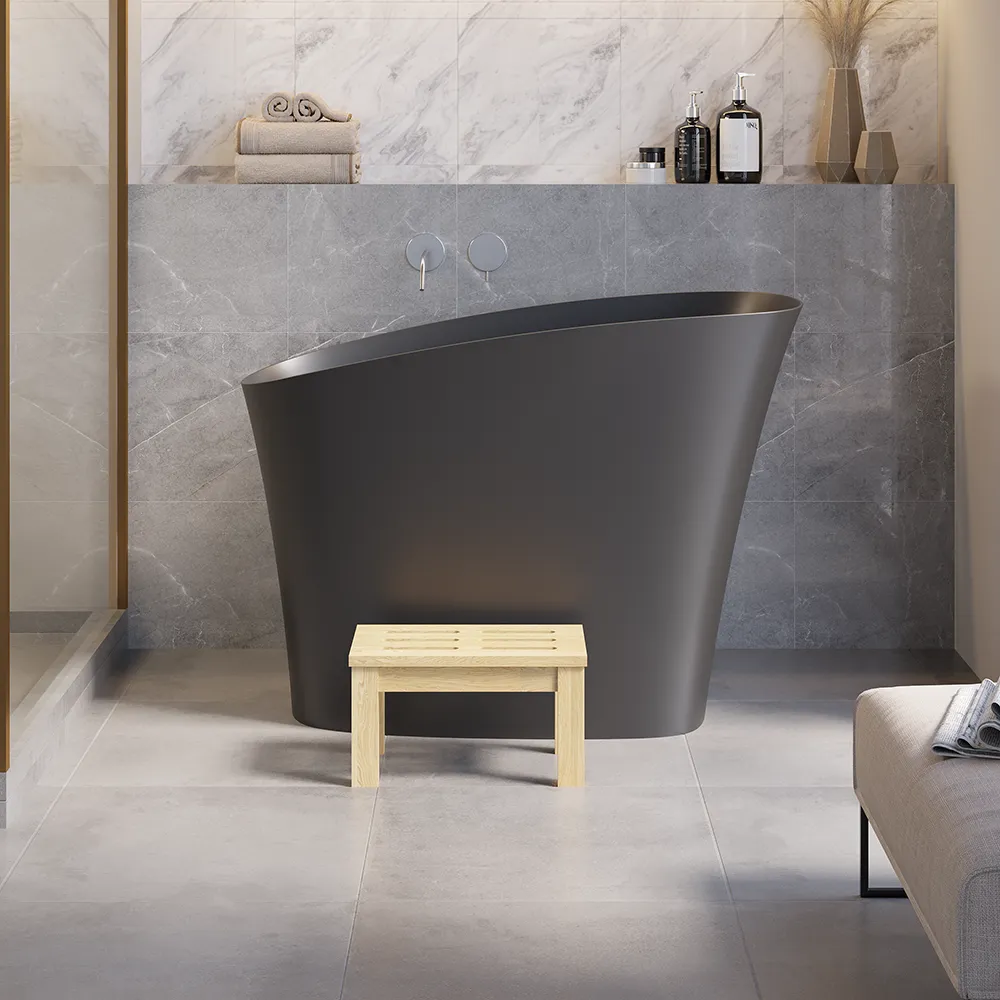 47" Modern Oblique Deep Freestanding Matte Black Stone Resin Japanese Soaking Bathtub