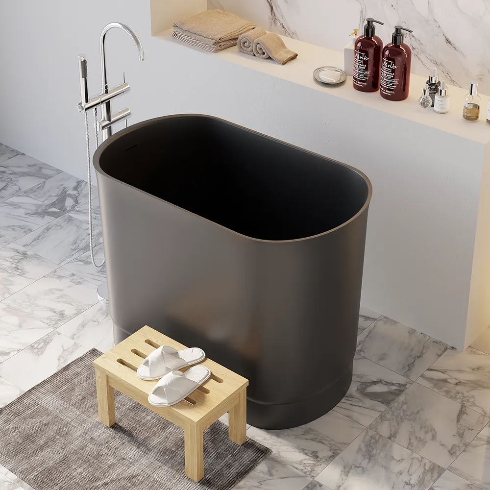 40" Modern Deep Oval Freestanding Matte Black Stone Resin Japanese Soaking Bathtub
