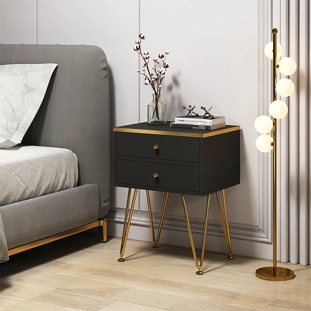 Strengthen sail I'm hungry Black Small Nightstand with 2 Drawers Bedside Table Gold Pulls & V-Shaped  Legs-Homary