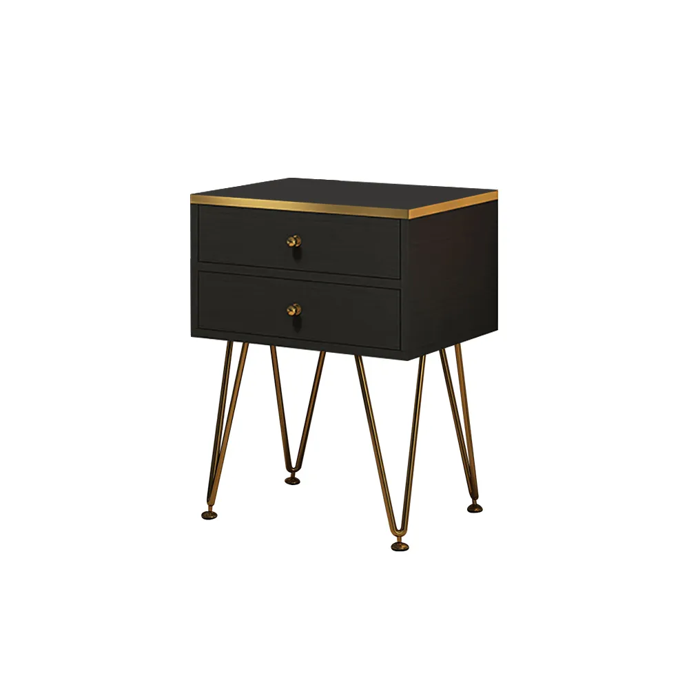 Black Small Nightstand with 2 Drawers Bedside Table Gold Pulls & V-Shaped Legs