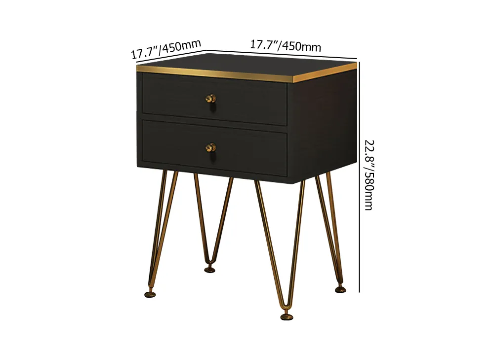 Black Small Nightstand with 2 Drawers Bedside Table Gold Pulls & V-Shaped Legs