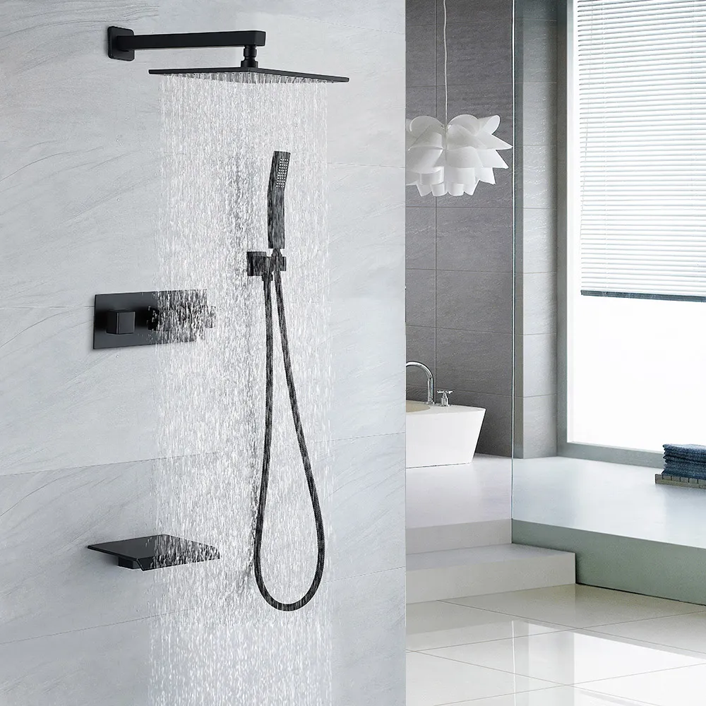 Moda 10" Wall-Mounted Square Rain Shower System with Waterfall Tub Spout in Matte Black