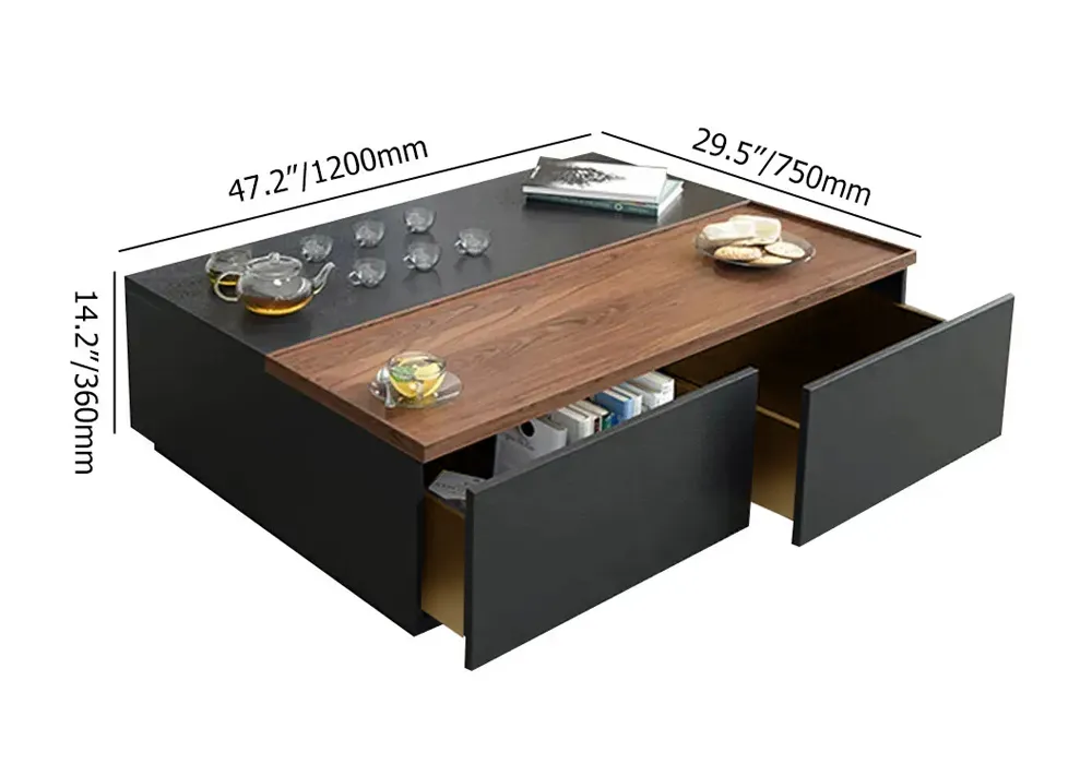 Crator Rectangular Lift Top Storage Coffee Table with Drawers Black and Walnut Style B