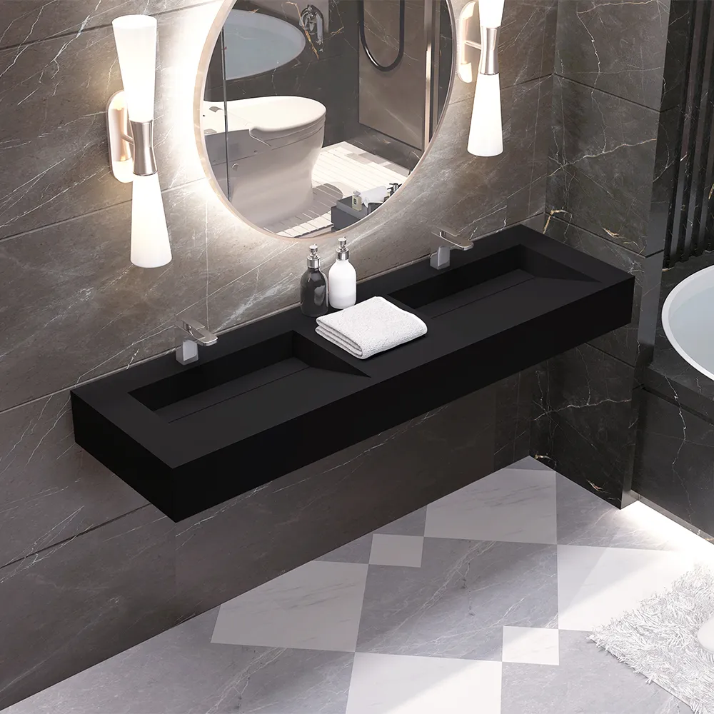 47" Wall-Hang Stone Resin Rectangle Bathroom Ramped Sink in Matte Black without Cabinet
