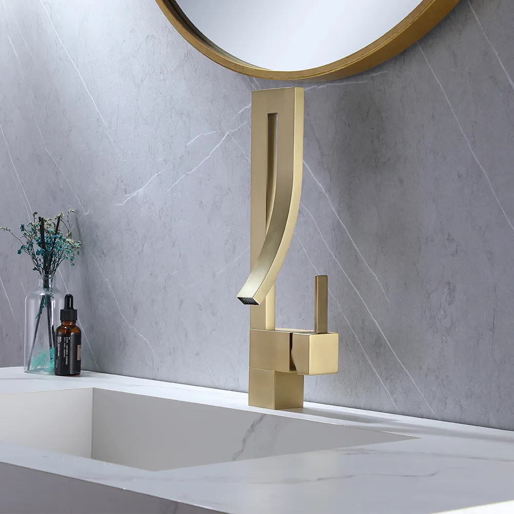 Brushed Gold Waterfall Bathroom Sink Faucet Single Hole Single Handle Brass Modern Style