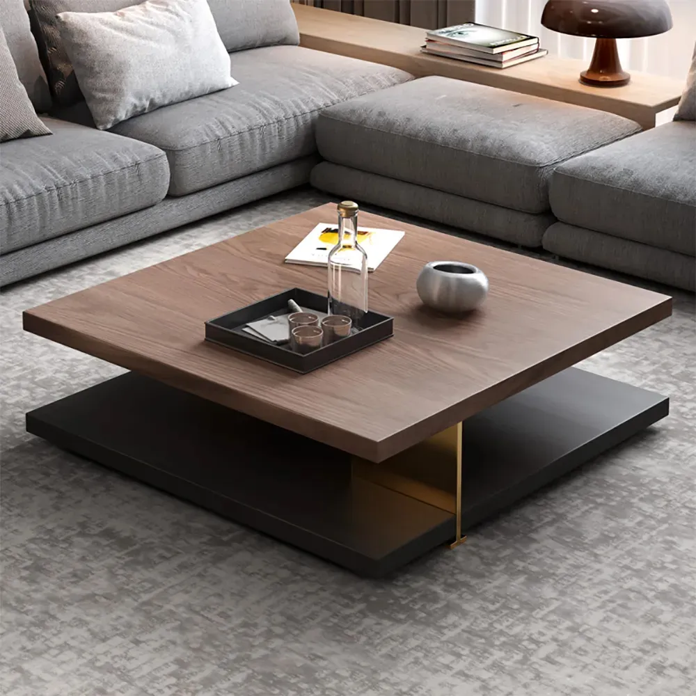 Victor Parliament belt Industrial Black & Walnut Square Pedestal Coffee Table Solid Wood Accent  Table-Homary