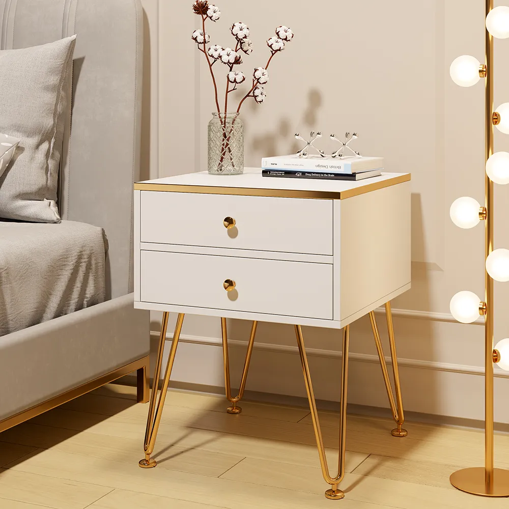 YORKING Modern Bedside Table Drawer Cabinet Bedroom Furniture Storage Nightstand Shelf Wooden Two Drawer Bedside Table White 