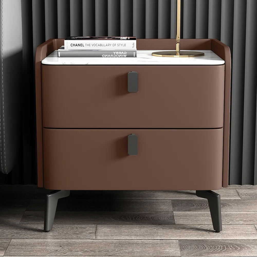 Brown Modern Nightstand with 2 Drawers Bedroom Nightstand Faux Marble Top