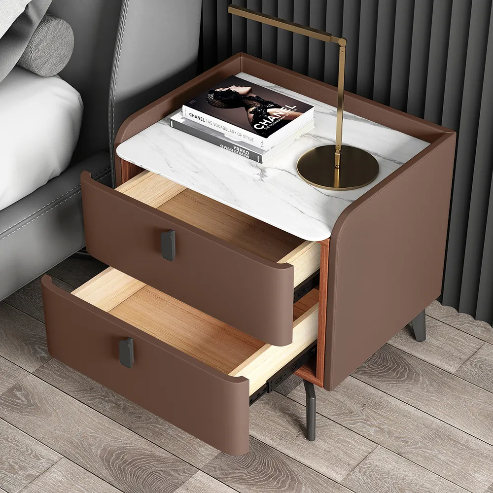 Brown Modern Nightstand with 2 Drawers Bedroom Nightstand Faux Marble Top