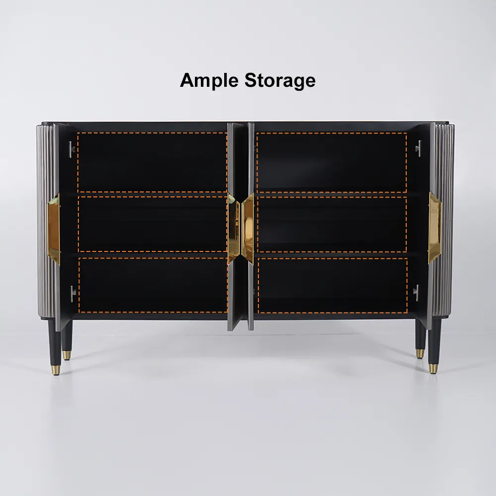 Modern Sideboard Buffet Black Kitchen Cabinet with 4 Doors in Gold