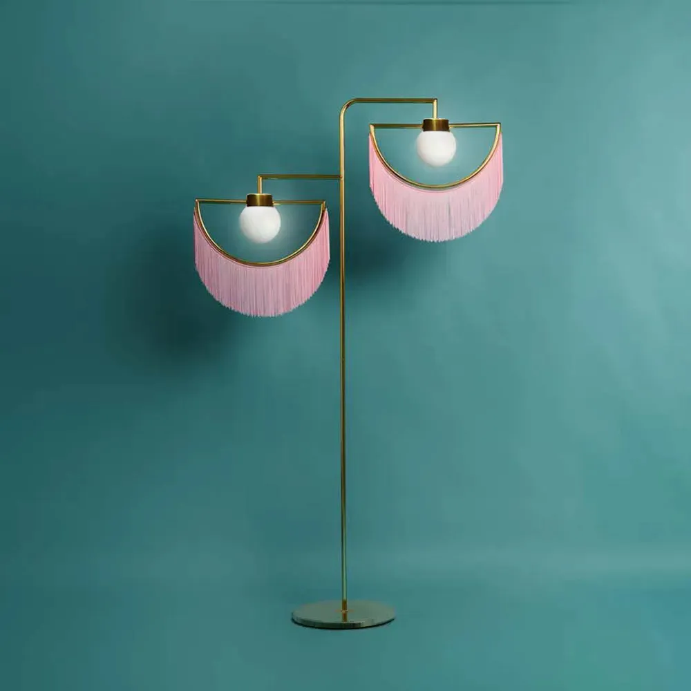 Boho 2-Light Floor Lamp with Pink Fringes Macrame and Gold Tones