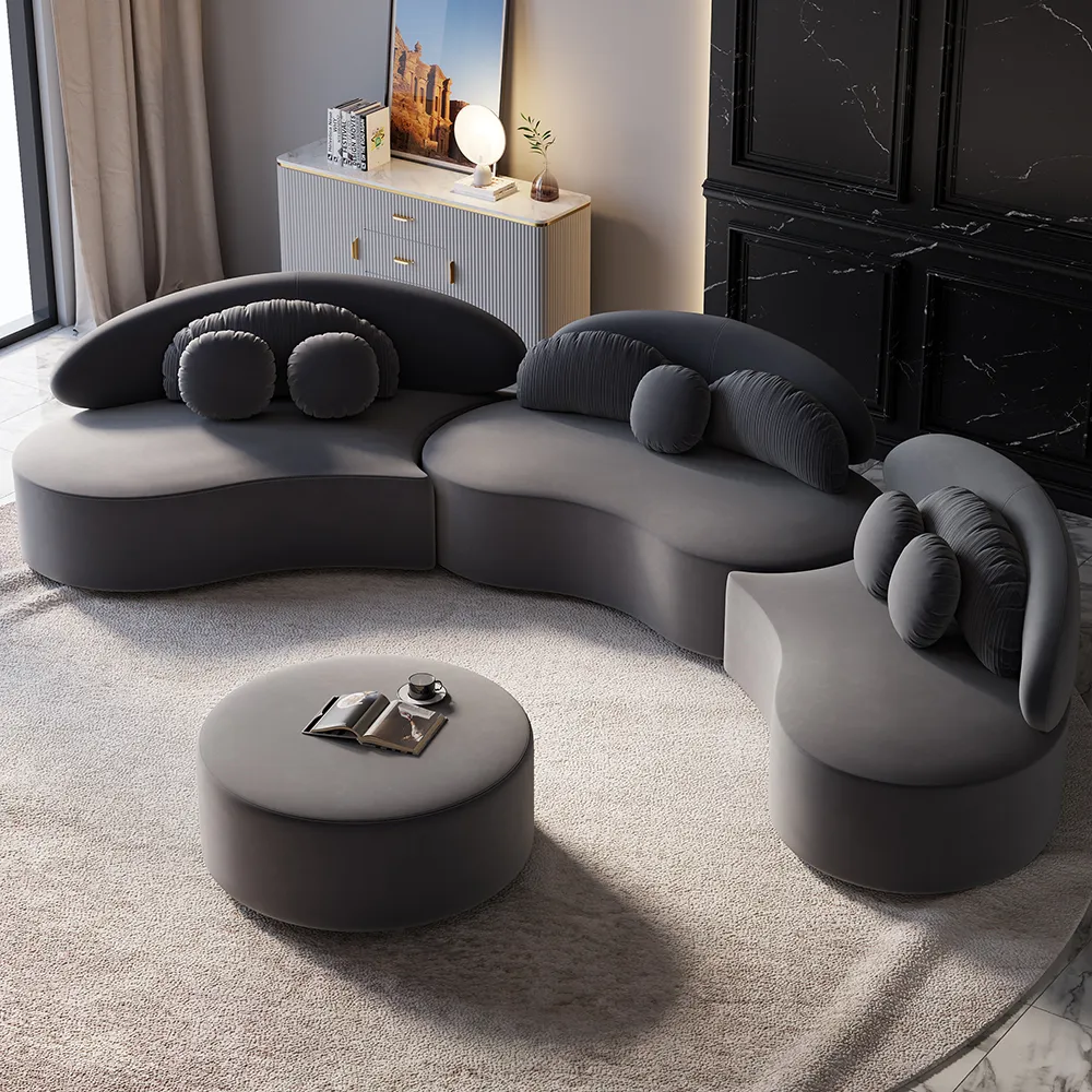 Velvet Sectional Sofa Set with Ottoman Modern 7-Seat Curved Floor Sofa in Deep Gray