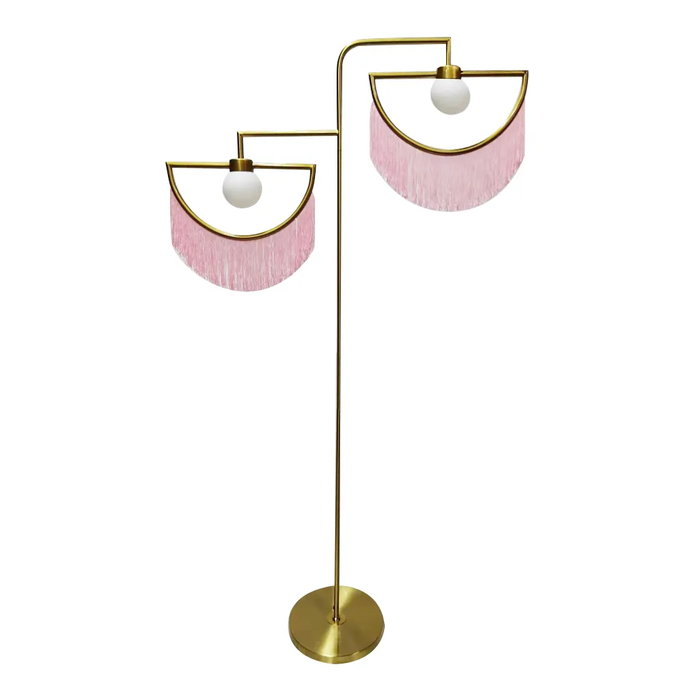 Boho 2-Light Floor Lamp with Pink Fringes Macrame and Gold Tones
