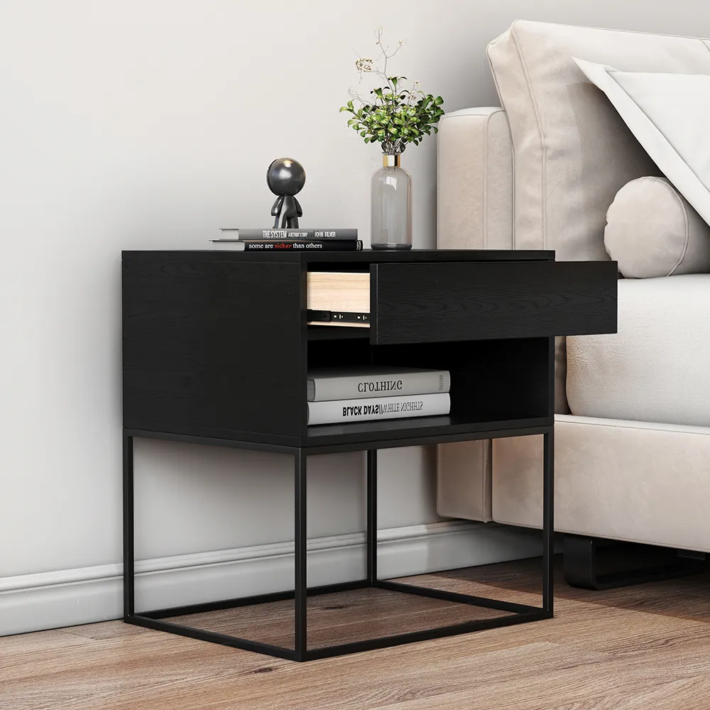 Black Modern Nightstand with Drawer and Black Metal Base