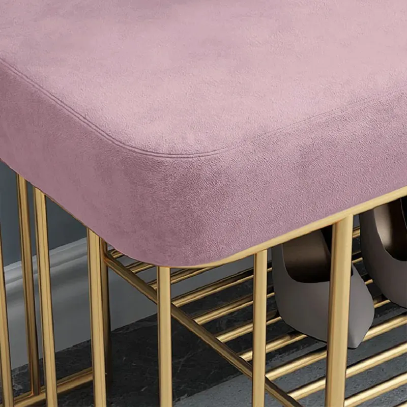 Modern Pink Storage Bench Entryway Bench Velvet Upholstered with Golden Frame & Shelves