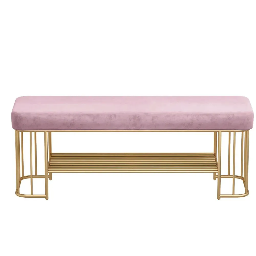 Modern Pink Storage Bench Entryway Bench Velvet Upholstered with Golden Frame & Shelves