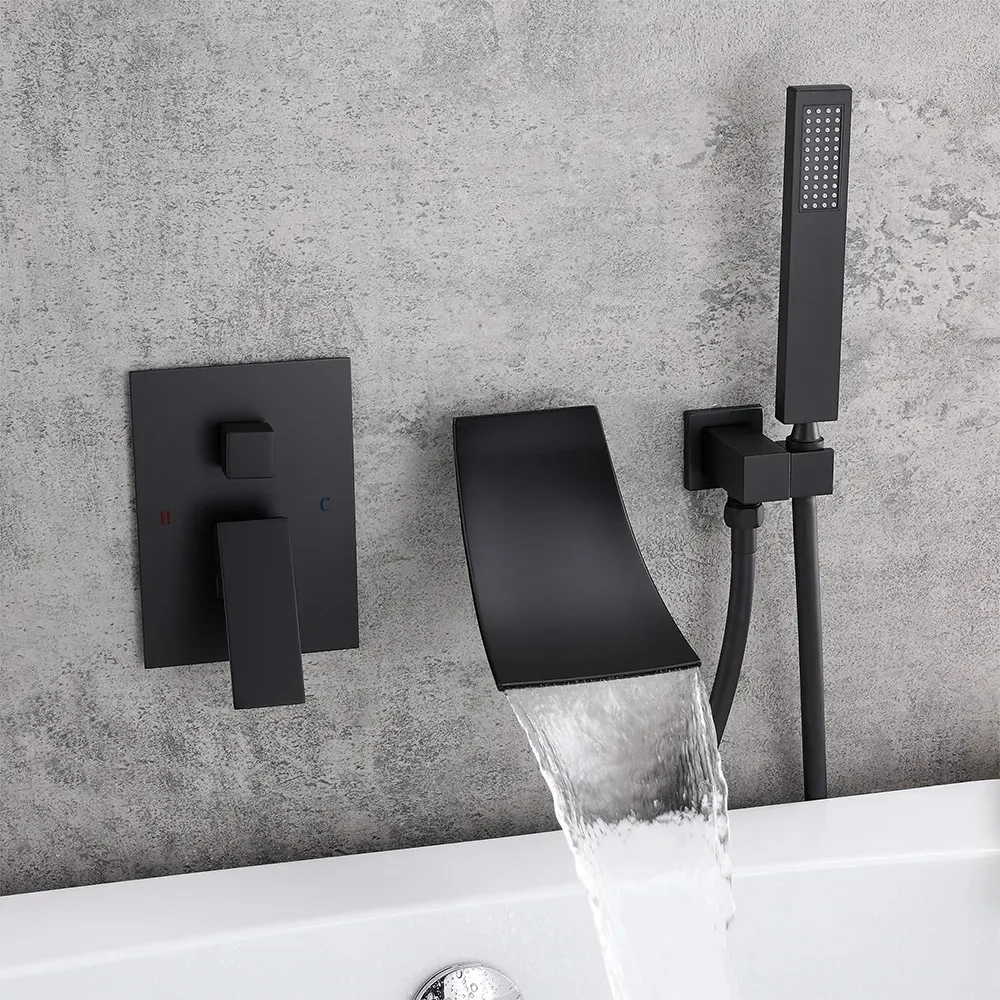 Contemporary Waterfall Bath Tub Faucet Wall Mount Chrome Finish With Hand Shower 