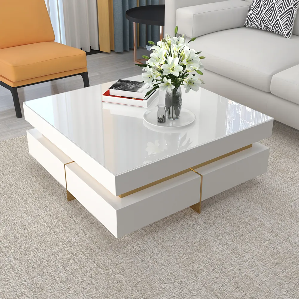 White Modern Square Coffee Table with Drawers Tempered Glass Top 
