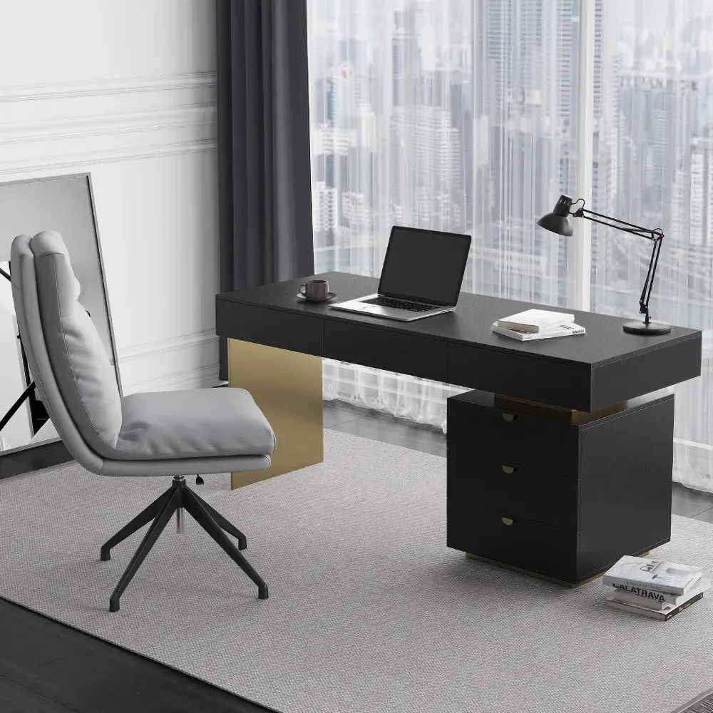 55" Modern Black Office Computer Desk with 6 Drawer & Gold Leg