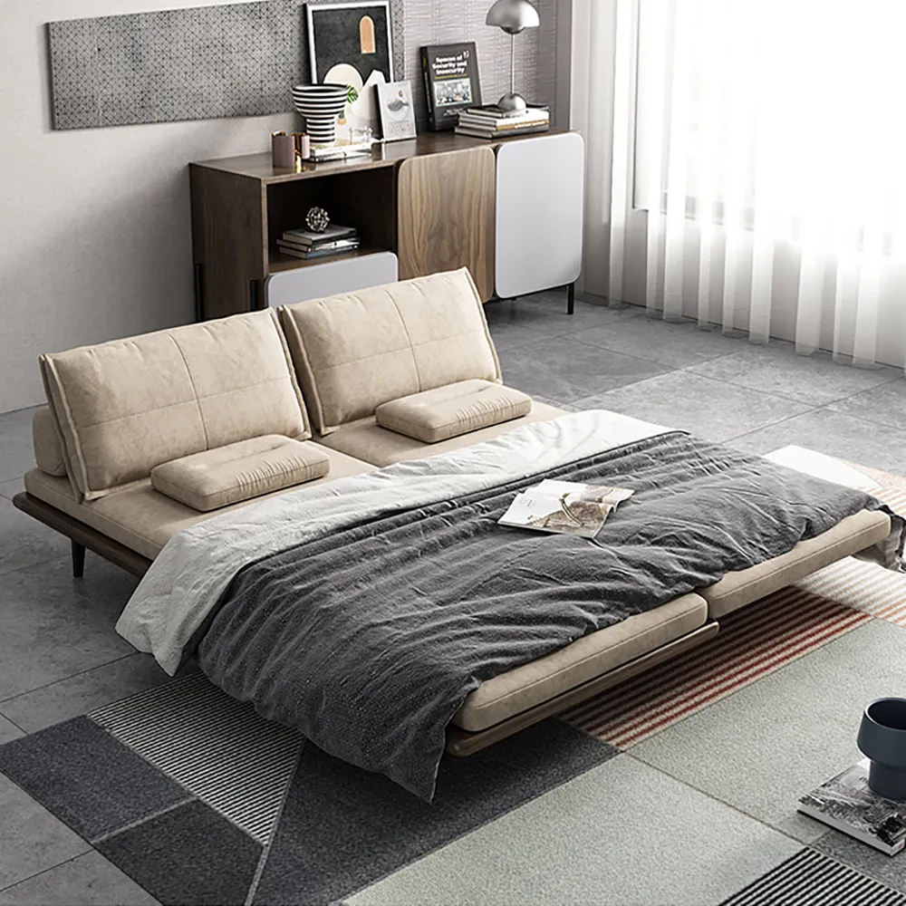 Mid-Century Modern Pull Out Sofa Bed Khaki Wood Convertible Sleeper Sofa  Cotton & Linen-Homary