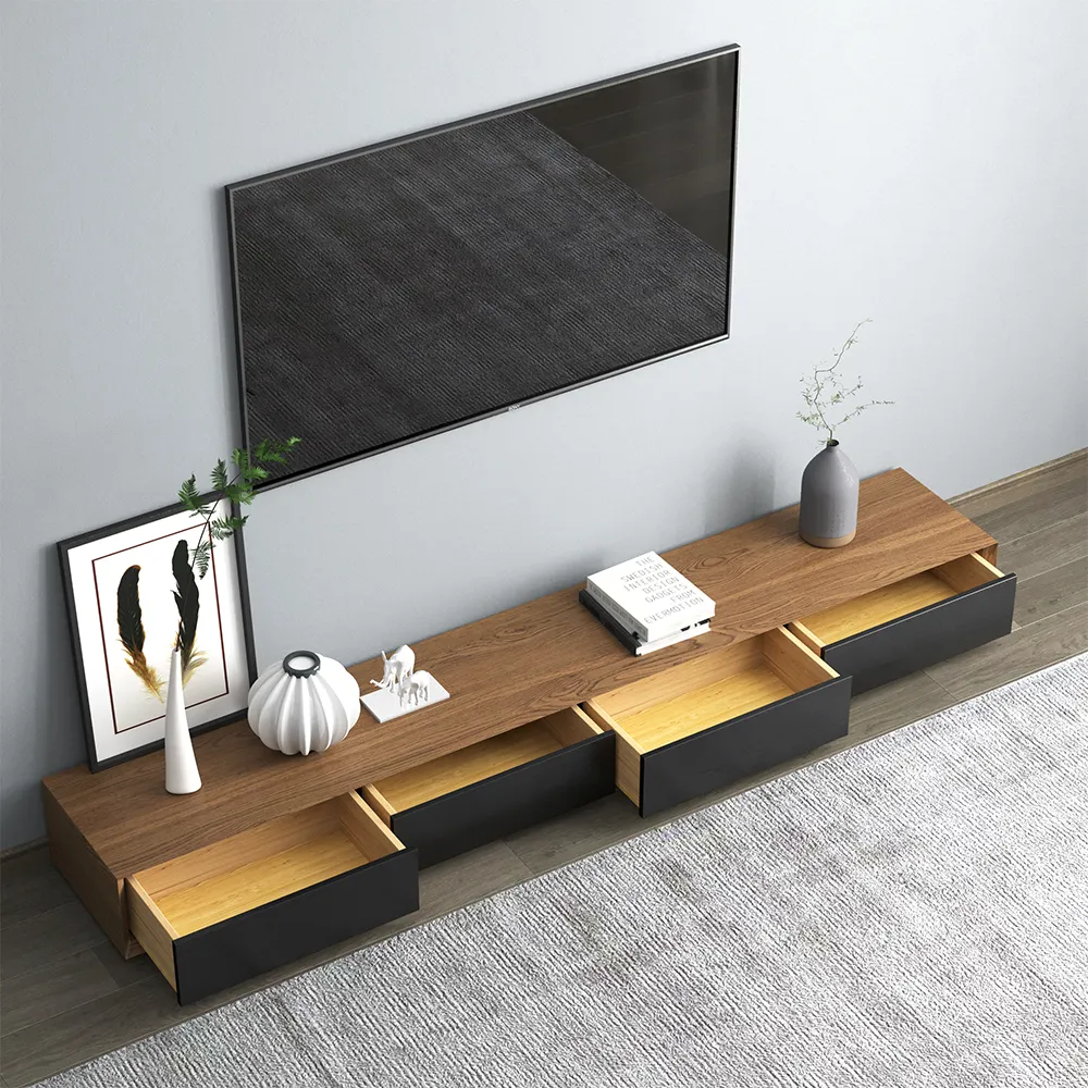 Modern 87" Walnut & Black TV Stand Rectangle Media Console with 4 Drawers