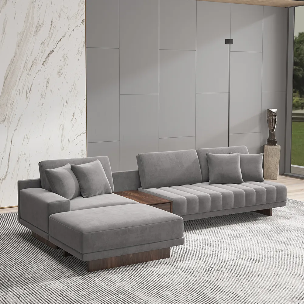 126" L-Shaped Gray Modular Velvet Sectional Sofa Chaise with Ottoman for Living Room
