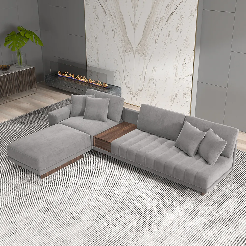 126" L-Shaped Gray Modular Velvet Sectional Sofa Chaise with Ottoman for Living Room
