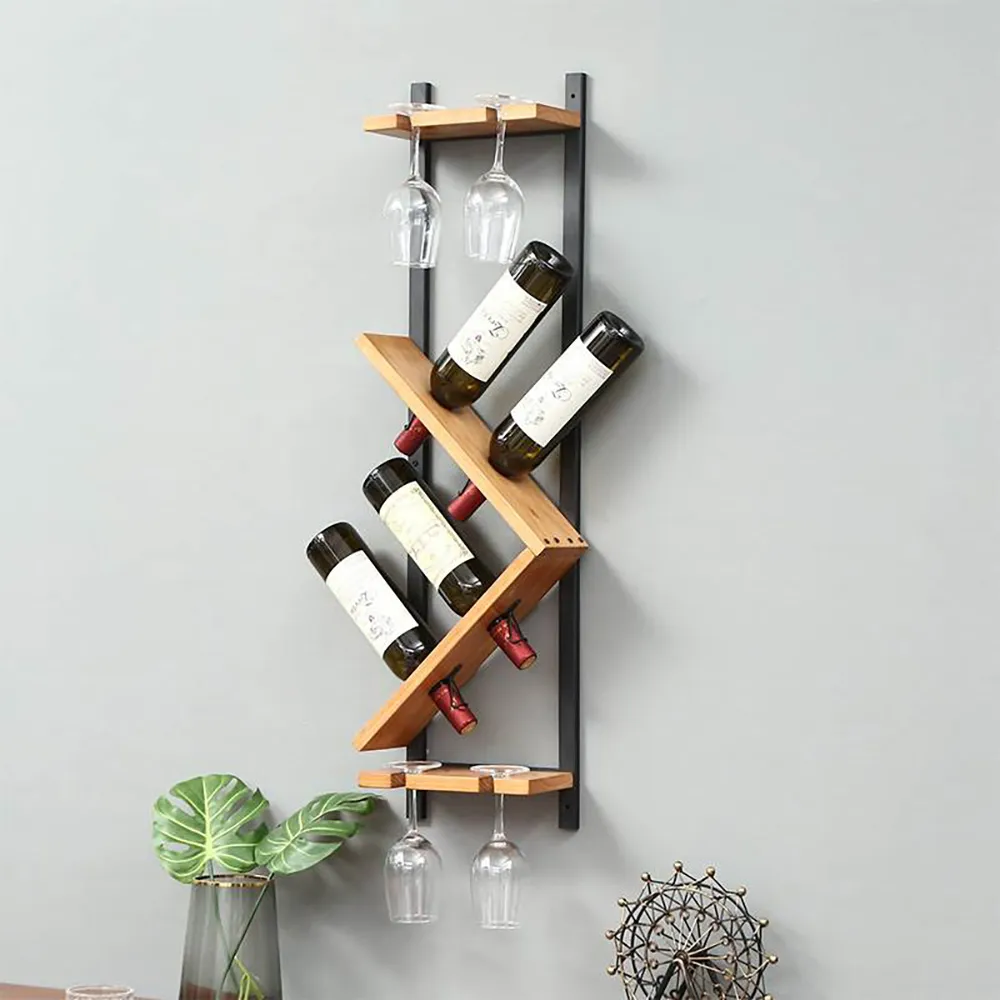 Wall Hanging Wine Rack 5 Bottle Rustic modern 4 Glass Holder 