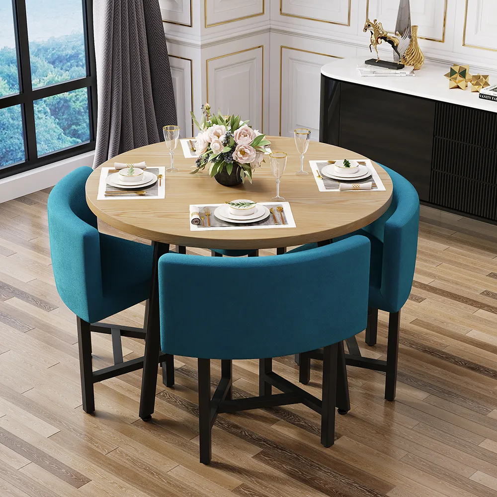 round wooden dining table with 4 chairs