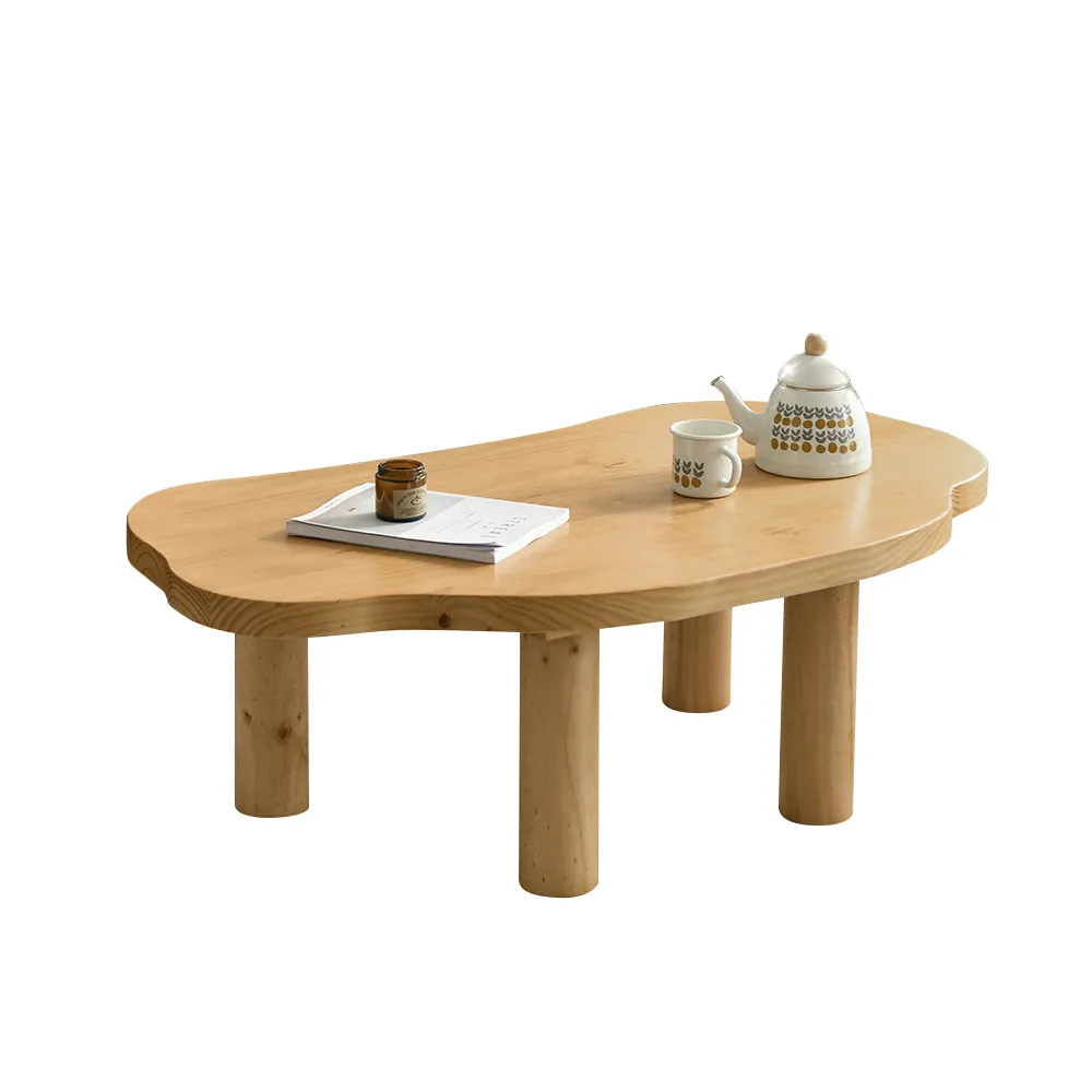 Japandi Pine Wood Coffee Table Cloud Shaped in Natural with 4 Legs