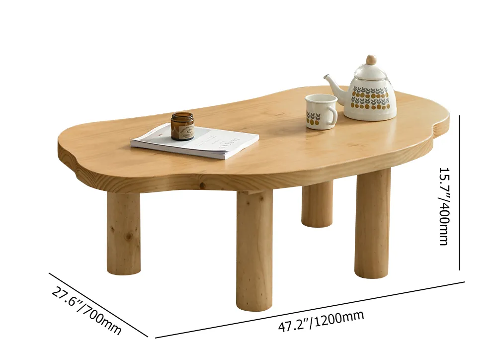 Japandi Pine Wood Coffee Table Cloud Shaped in Natural with 4 Legs