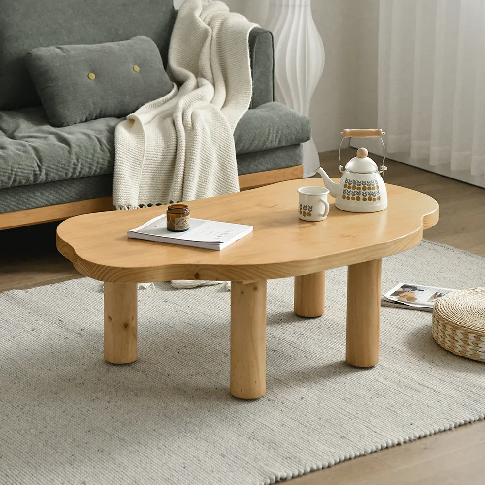 Japandi Pine Wood Coffee Table Cloud Shaped in Natural with 4 Legs