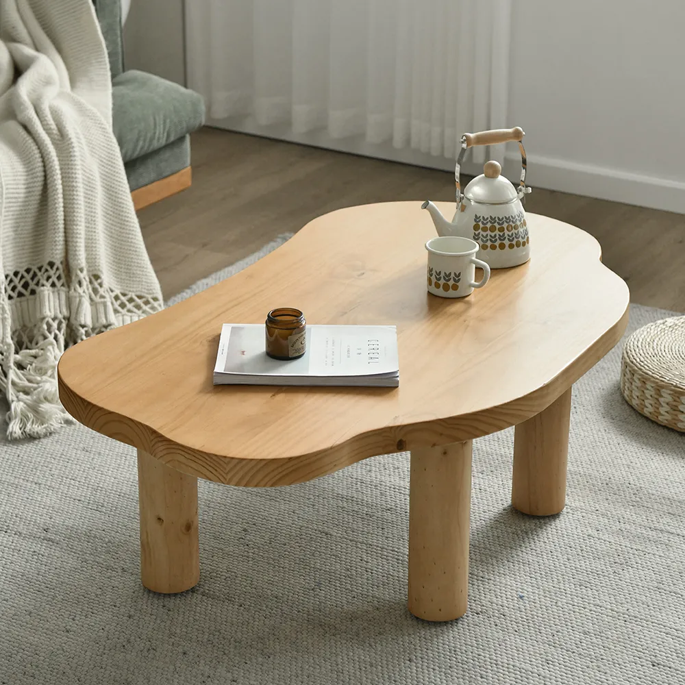 Japandi Pine Wood Coffee Table Cloud Shaped in Natural with 4 Legs