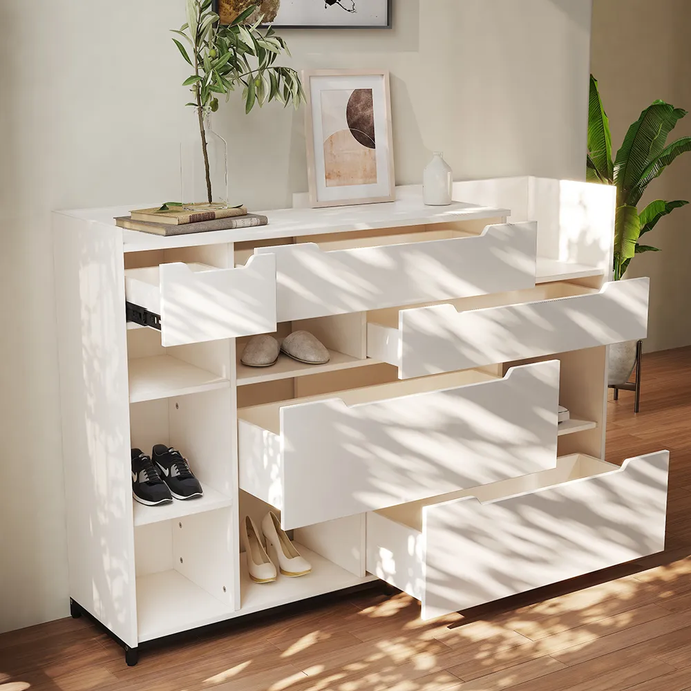 Nordic White Shoe Storage Cabinet with 7 Shelves 5 Drawers Hallway Shoe Storage