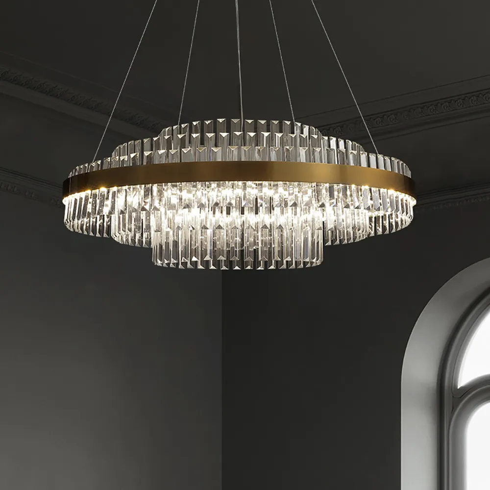 Fixedo Modern Tiered Crystal LED Chandelier in Brass Dimmable Light