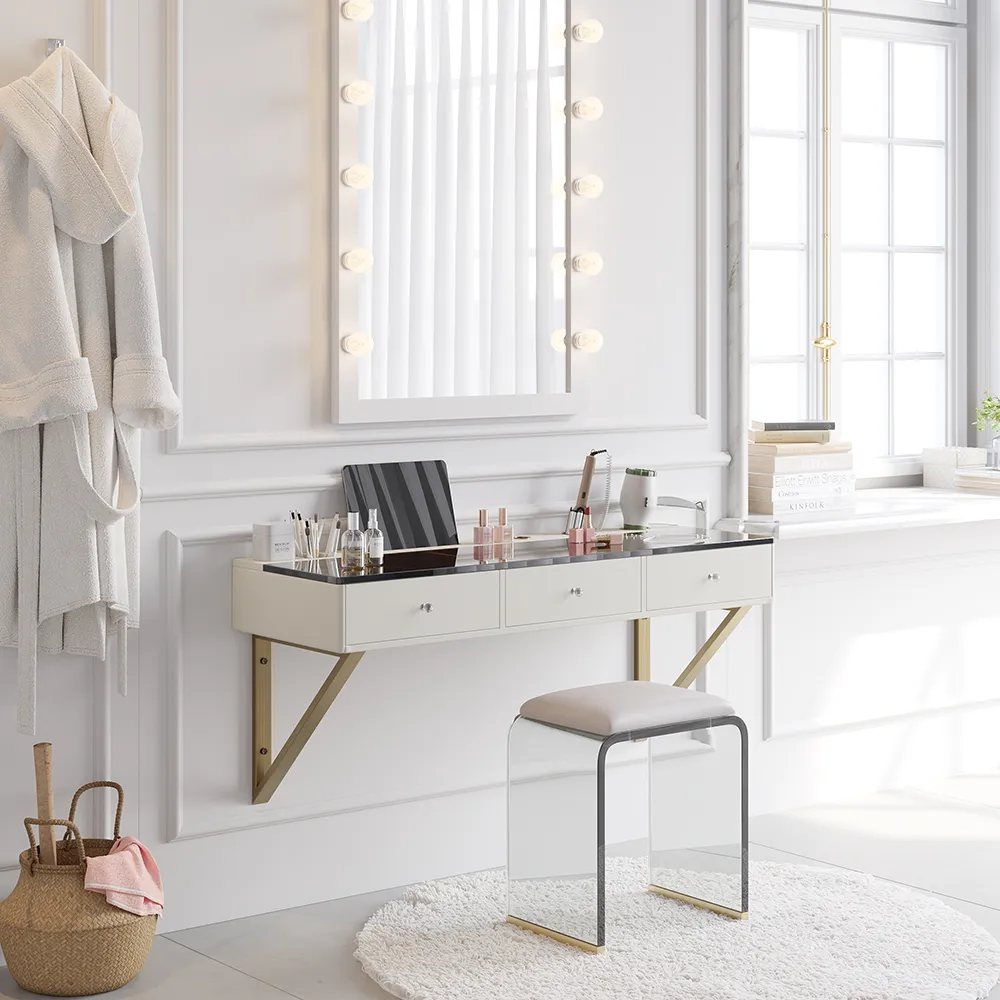 white floating makeup vanity