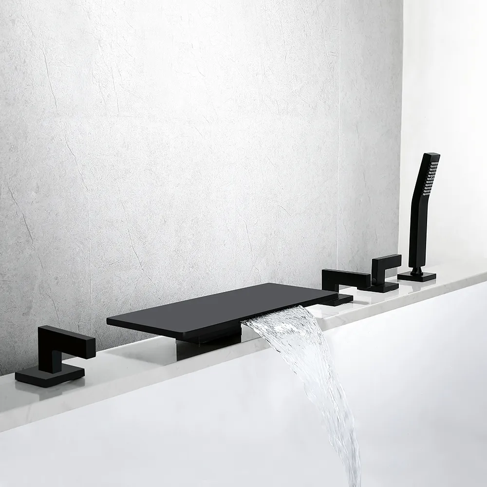 Negro moderno montado cubierta cascada 5 Unid bañera grifo con ducha generalizada caño de latón 3 perilla Mezclador 