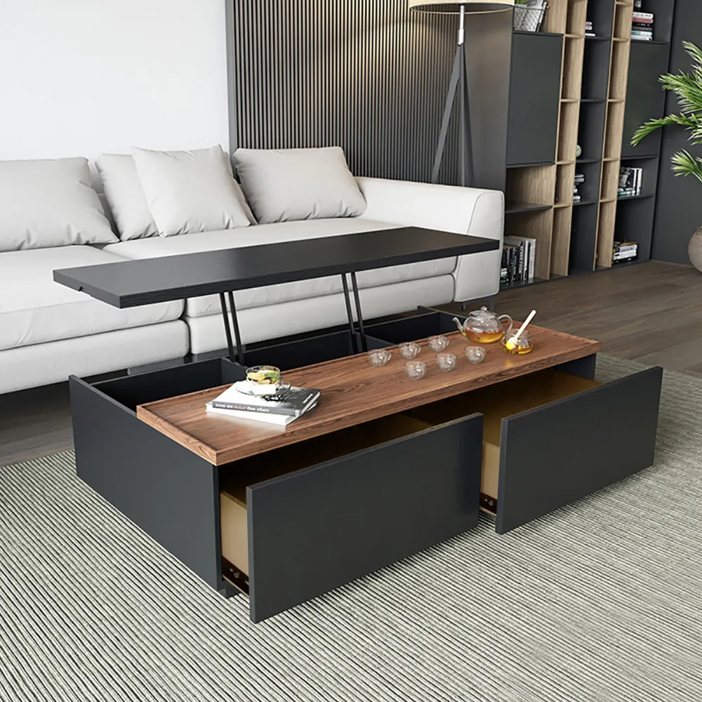 Crator Rectangular Lift Top Storage Coffee Table with Drawers Black and Walnut Style B