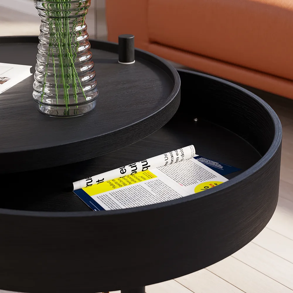 Modern Round Wood Rotating Tray Coffee Table with Storage & Metal Legs in Black