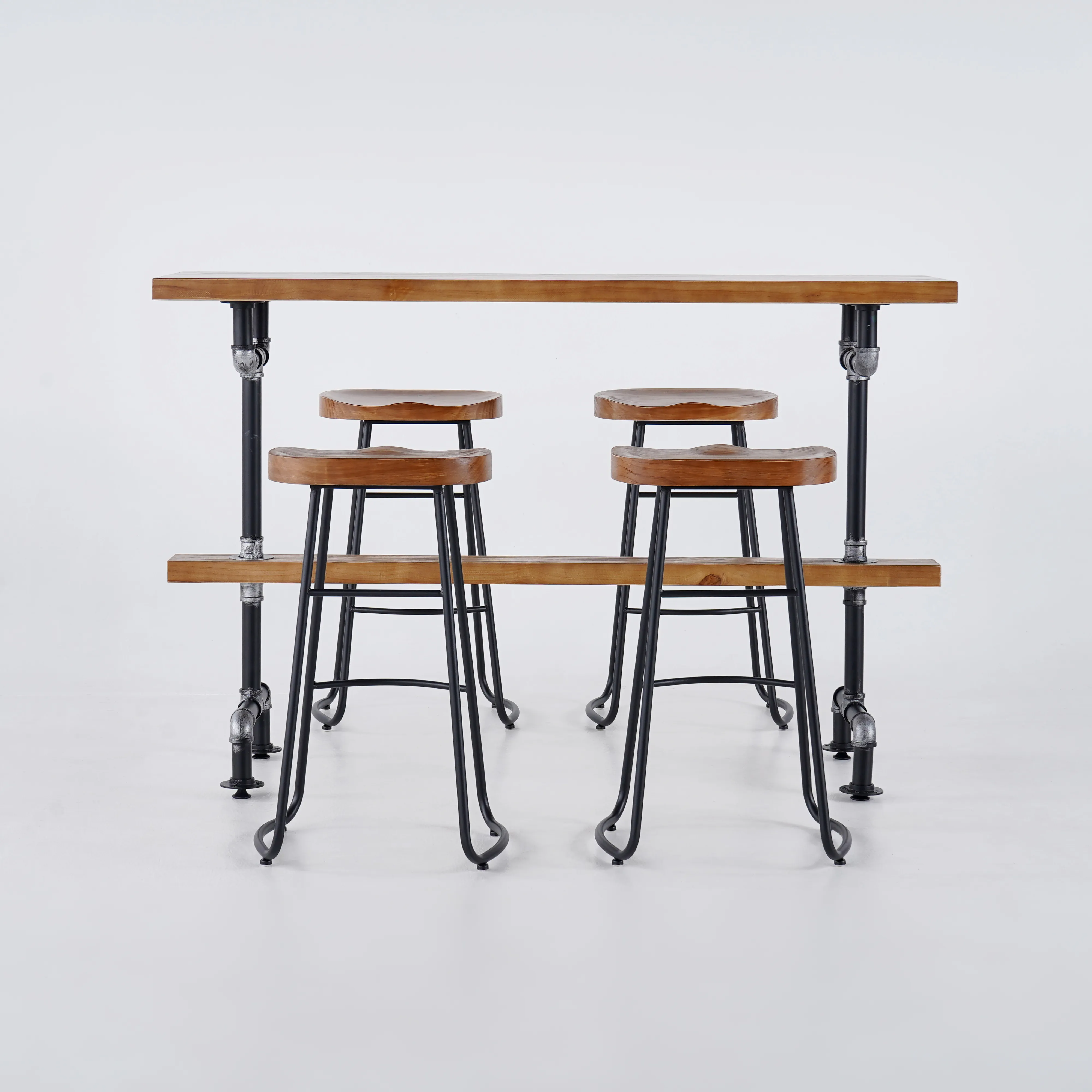 Industrial Long Bar Height Table Set for 4 Wooden 5 Piece Breakfast Table and Bar Stools