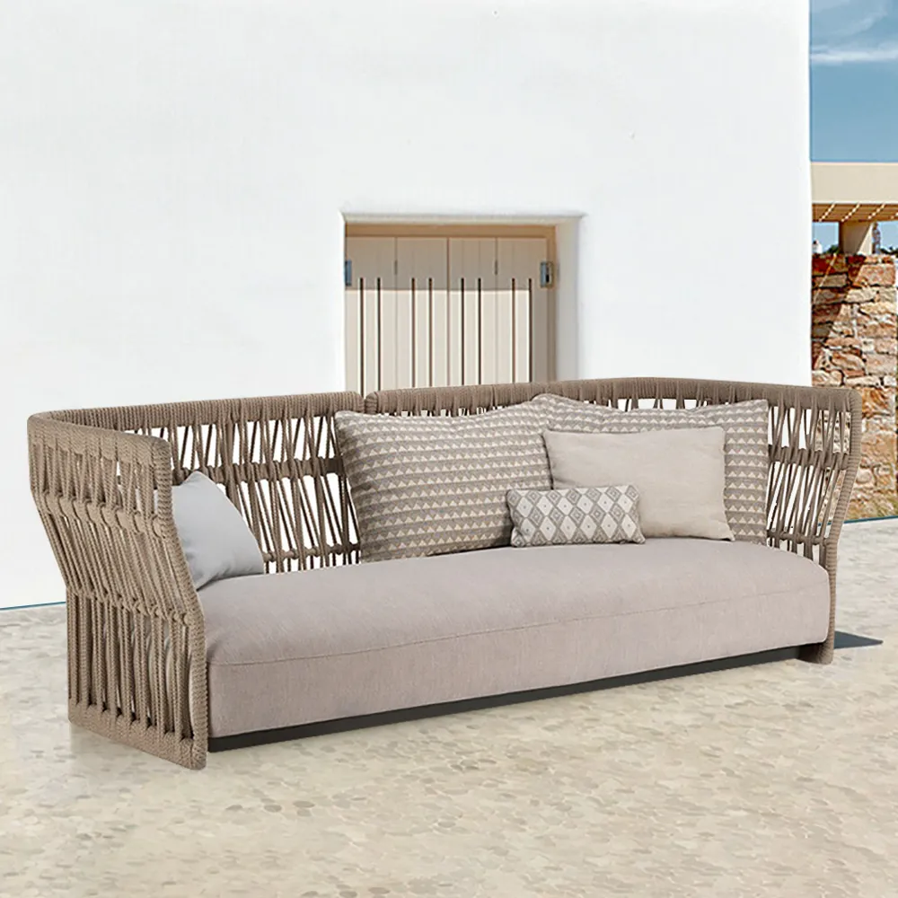 Emilio Natural Wood Color Rattan Outdoor Sofa 3-Seater with Cushion  Pillow-Homary